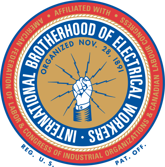 Logo of the International Brotherhood of Electrical Workers featuring a raised fist surrounded by lightning bolts and the text 'International Brotherhood of Electrical Workers Organized Nov. 28, 1891'.